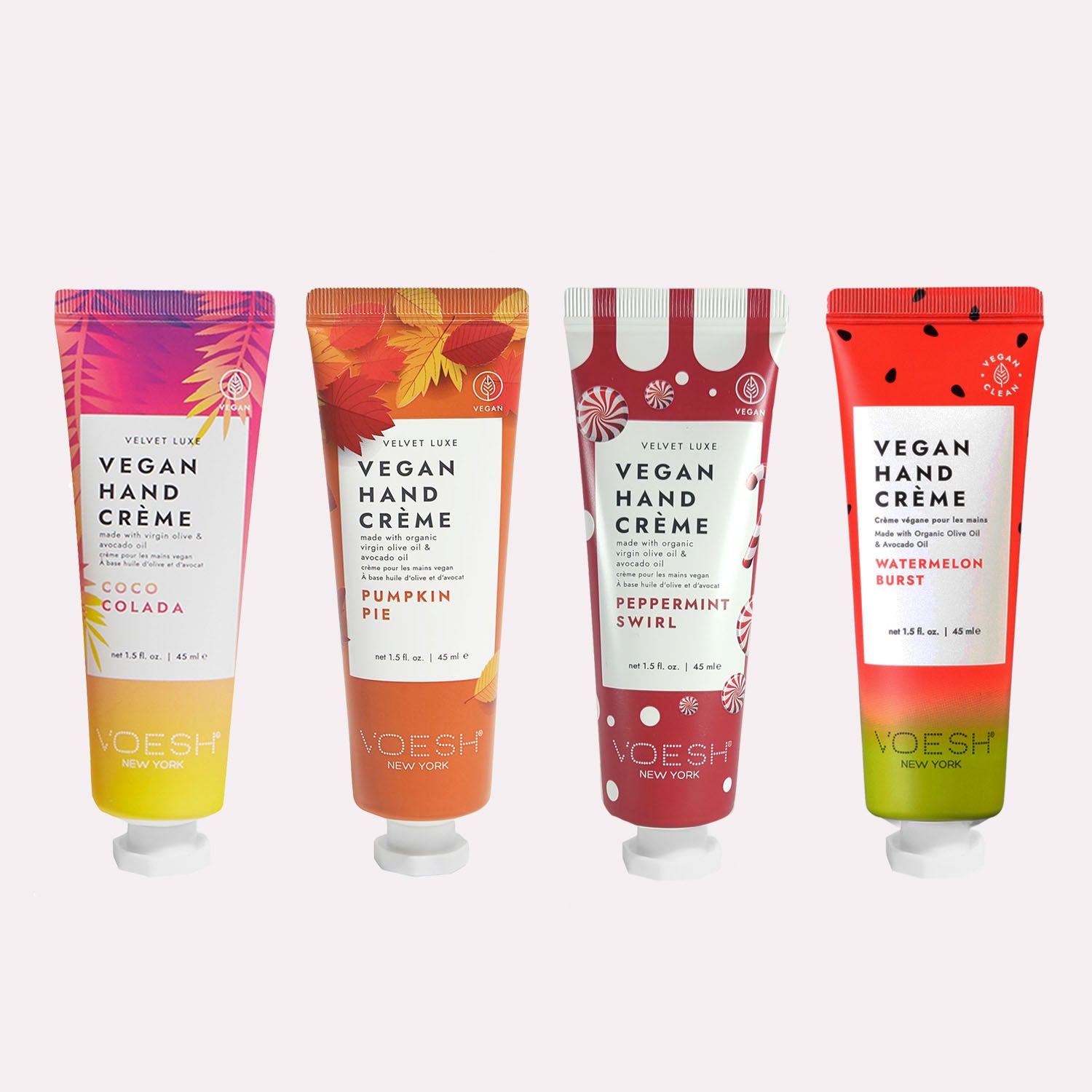 Lineup of Coco Colada Oasis, Pumpkin Pie, Peppermint Swirl, and Watermelon Burst Vegan Hand Crèmes on a white background.